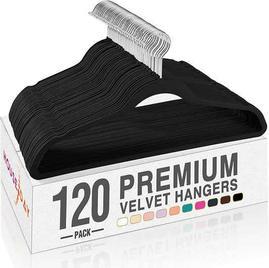 HOUSE DAY Black Velvet Hangers 120 Pack, Premium Clothes Non-Slip Felt Hangers, Sturdy Black Heavy Duty Coat Hanger, Durable Space Saving Suit Hanger, 360° Rotating Silver Hook