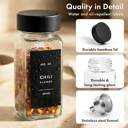 Square Spice Jars with Black Bamboo Wooden Lid (Pack of 24) Spice Jars with Shaker Insert and 240 Labels - Bamboo Lid Glass Container for Spice Organisation [4.3 in × 1.8 in]