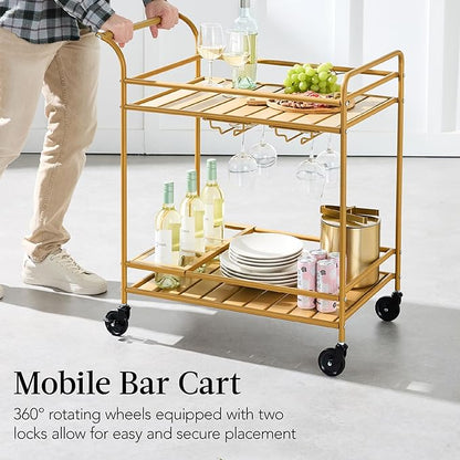 Best Choice Products Rolling Bar Cart, Mobile Home Bar Serving Cart, Serving Station w/ 2 Tier Shelves, Wine Rack, Lockable Wheels - Gold
