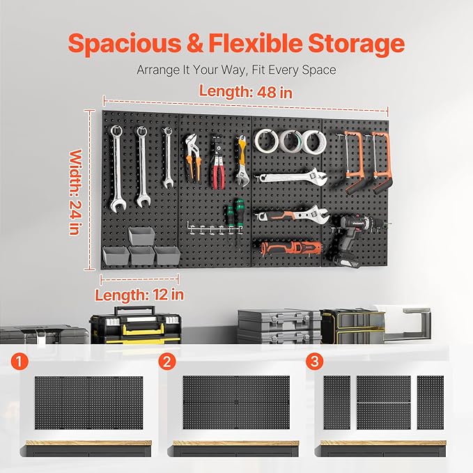 VEVOR Metal Pegboard Panels, 24" x 12" Pegboard, 4 Panels, Heavy Duty Peg Board Wall Organizer with Accessories, for Living Room Garage Tool Storage Office Organization Craft Room Kitchen Home, Black
