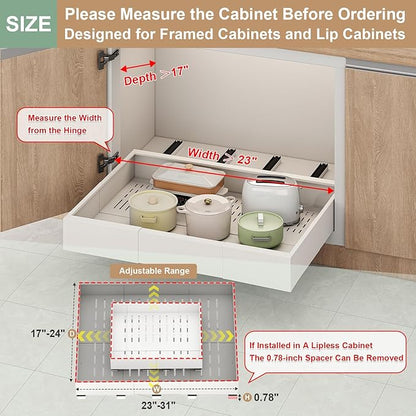 Pull out Cabinet Organizer,Expandable Width(23"-31"),Depth(17"-24") with 5 Rails,Roll out Drawers,No Drill Adjustable Slide out Shelves for Kitchen,Pantry,for Both Lip and Lip-Free Cabinets,White(1PC)