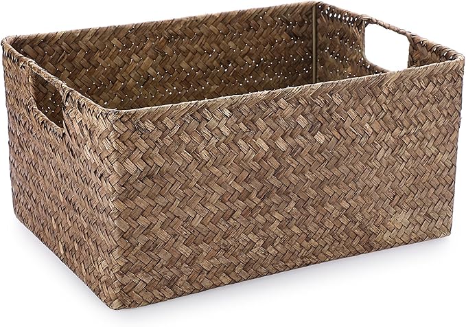 Hipiwe Seagrass Storage Basket for Shelf Organizing, Opened Baskets Bin Handwoven Wicker Baskets Rectangular Decorative Basket Multipurpose Closet Bedroom Organizer Bin Box with Handle, Small