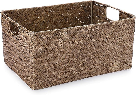 Hipiwe Seagrass Storage Basket for Shelf Organizing, Opened Baskets Bin Handwoven Wicker Baskets Rectangular Decorative Basket Multipurpose Closet Bedroom Organizer Bin Box with Handle, Small