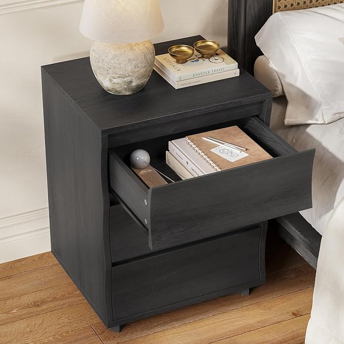 SUCSSRICH Black Nightstand, Night Stand with 3 Drawers, Modern Nightstand with Large Storage, Silent Slides, Wooden End Side Table, Bedside Table with 3 Drawers for Bedroom
