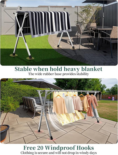 63 Inches Heavy - Duty Stainless Steel Folding Clothes Drying Rack Clothing Indoor Outdoor Anti-Rust 20 Windproof Hooks Portable & Foldable Laundry Rack (63'')