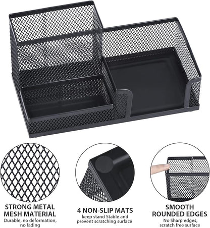 2-Piece Desk Pen & Pencil Organizer - Mesh Metal Pen Cup with Sticky Notes Holder, Black | Pen Cup, Marker Holder, Desk Caddy, Pen Organizer, Workspace
