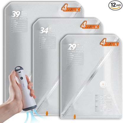 Vacbird Vacuum Seal Bags for Clothing with Rechargeable Cordless Pump, 12 Pack Compression Packing Bags, Space Saver Storage for Seasonal Clothes Bedding Blanket Pillows Comforters Luggage Travel