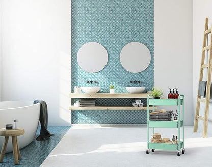 CAXXA 3-Tier Rolling Metal Storage Organizer - Mobile Utility Cart, Kitchen Cart with Caster Wheels (Aqua Green)