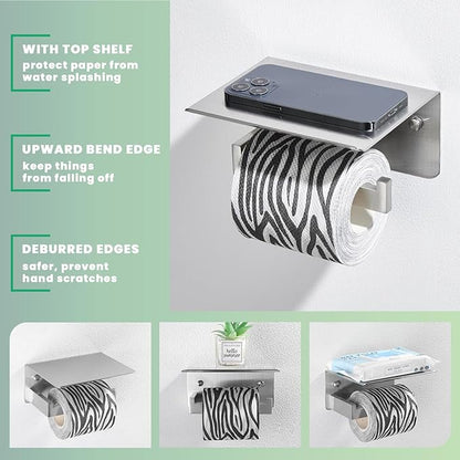 Toilet Paper Holder with Phone Shelf, Suyar 304 Stainless Steel Wall Mounted Toilet Tissue Roll Holder, Brushed Nickel