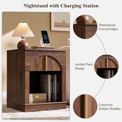 ACCOHOHO Modern Night Stand with Arched Panel,18" Wooden nightstand with Charging Station,Bedside Table with Drawer Storage,Side End Table with Open Shelf for Bedroom,Living Room,Brown