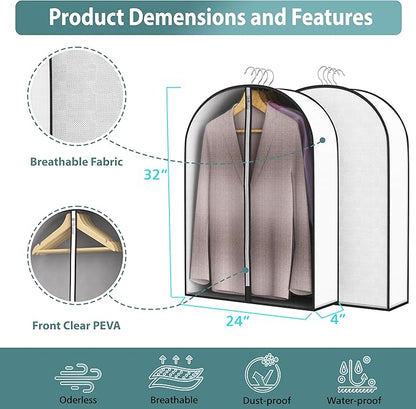 32” Garment Bags for Hanging Clothes 4” Gusseted - with Clear Window, Breathable Fabric, Metal Zipper, Suit Coat Fur Protector for Closet storage, clothes Season Off, Moving, 3 Pack