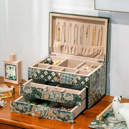 Homruilink High End Glass Jewelry Box - 3 Layer Jewelry Organizer - Velvet-Lined Case For Ring, Necklace, Earring, Bracelet Storage - Black Gold Floral - Christmas Gifts For Women