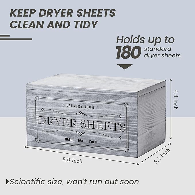 Rustic Dryer Sheet Holder with Lid - Cute Farmhouse Dryer Sheet Dispenser Laundry Room Decor Accessories,Fabric Softener Dispenser Dryer Sheet Container for Laundry Organization Storage,Grey-N