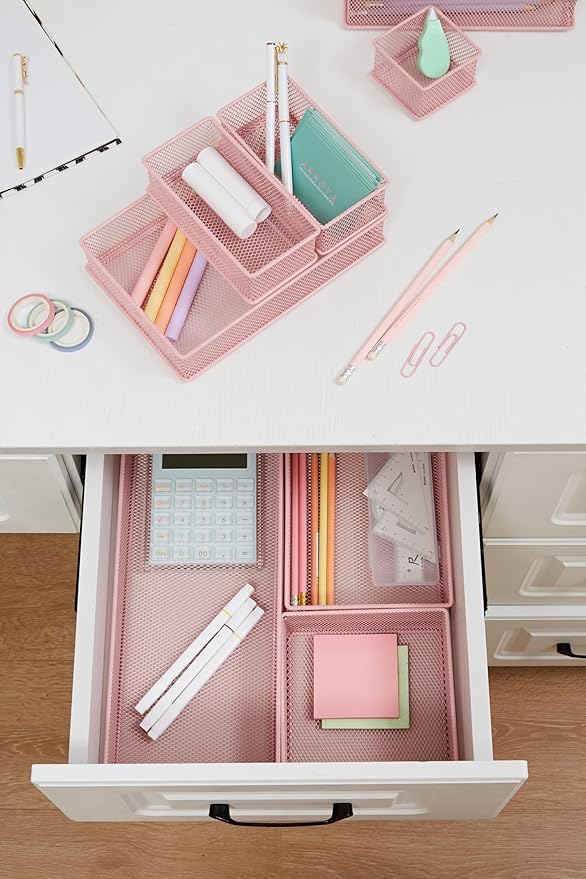 Annova Mesh Stackable Drawer Cabinet and Shelf Organizer Bins Storage Basket School Office Supply Holder Tray- Set of 2 (Light Pink, 3x6x2 Inch)