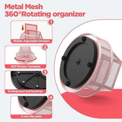 Docnest Mesh 360 Degree Rotating Pen Holder with 6 Compartment,Metal Pencil Cup Art Supply Storage Box Caddy,Teacher Stationery and Dorm Supplies Desk Organizer for Pencil,Sticky Note,Scissors-Pink