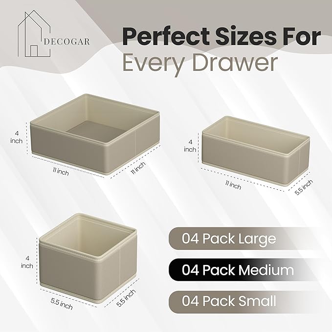 Drawer Organizer – 12 Pack Foldable Beige Fabric Storage Bins for Baby Clothes, Dresser, Closet, Towels, Socks, Diapers | Nursery & Bedroom Drawer Dividers for Home Organization