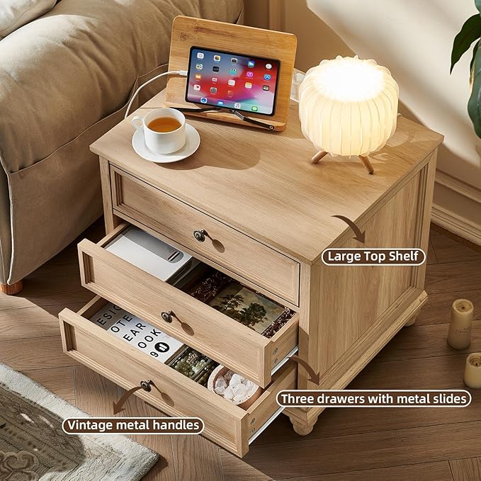 Joaxswe Farmhouse Nightstand with Charging Station, 24" Wide End Table with 3 Drawers,Natural Wood Dresser Cabinet for Bedroom, Bed Side Table Chest of Drawers,Night Stand for Living Room, Closet