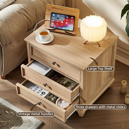 Joaxswe Farmhouse Nightstand with Charging Station, 24" Wide End Table with 3 Drawers,Natural Wood Dresser Cabinet for Bedroom, Bed Side Table Chest of Drawers,Night Stand for Living Room, Closet