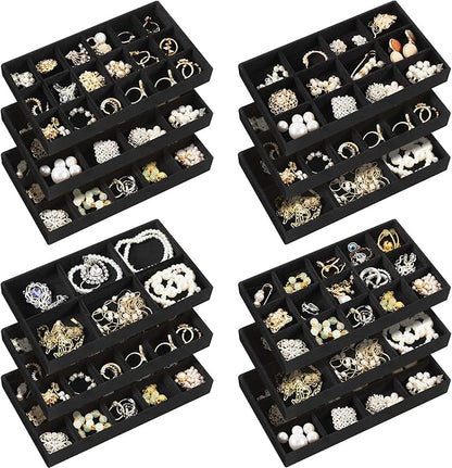 Junkin 12 Pcs Jewelry Tray Velvet Stackable Jewelry Organizer Trays Divided Earring Accessories Storage Containers Box (Rose Red)
