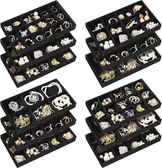 Junkin 12 Pcs Jewelry Tray Velvet Stackable Jewelry Organizer Trays Divided Earring Accessories Storage Containers Box (Rose Red)