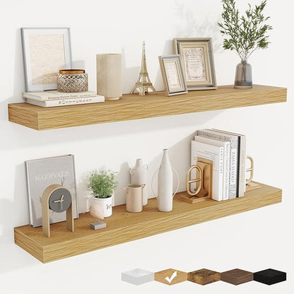 fuqing Floating Shelves for Wall, Wall Mounted Wood Floating Shelf with Invisible Brackets for Living Room, Bathroom, Bedroom, Kitchen Storage and Decor, 40 Inch Set of 2, Oak