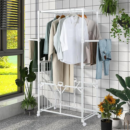 Tangkula Foldable Clothes Drying Rack, 68.5" Aluminum Laundry Rack with Hanging Rods & Drying Shelves, Universal Wheels with Brakes, Indoor Outdoor Garment Rack for Household Use (White)