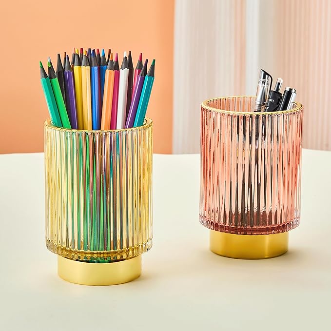 LEICURACE Makeup Brush Holder Organizer,Toothbrush Holders,Desk Pen Pencil Holder,Multifunctional Vintage Glass Brush Cup(A3-16-US)