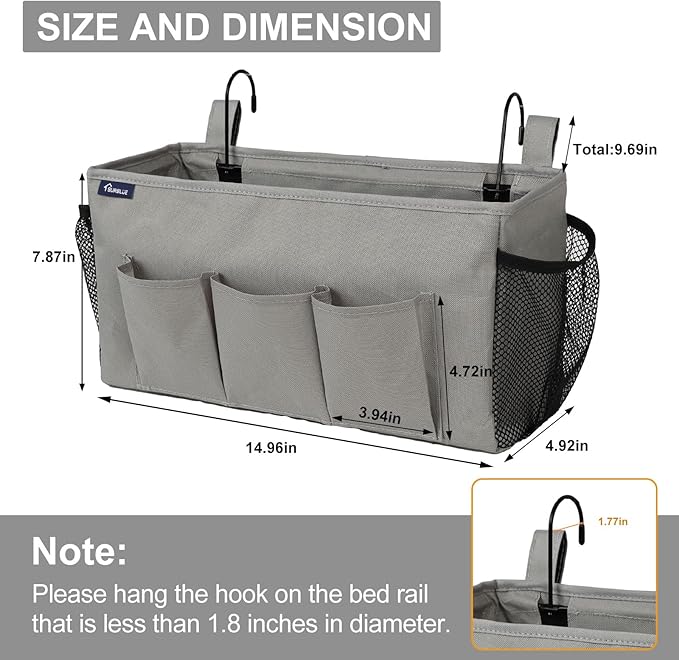 Surblue Bedside Organizer with Hook Caddy Storage Bag with Adjustable Straps and Water Bottle Holder for Home College Dorm Bunk Bed Accessories, Crib, Hospital, Grey