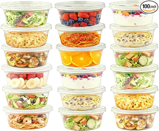 Slomg 100 Pack 8oz Plastic Deli Containers with Lids, Disposable Food Storage Containers for Soup Meal Prep Leftover, To Go Takeout Quart Bowls for Restaurant Kitchen Microwave Dishwasher Freezer Safe