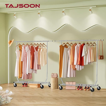 Tajsoon Clothing Rack Heavy Duty Clothes Racks Foldable Garment Rack with Wheels and Extendable Rod, Collapsible Clothing Rack Max Capacity 250lbs, Industrial Rolling Racks with Bottom Shelf, Chrome