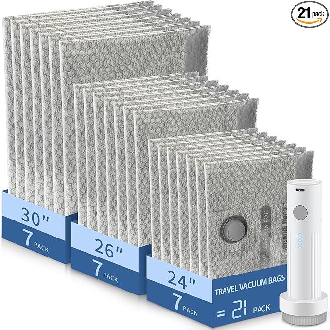 SORON 21 Pack Vacuum Seal Bags for Clothing Travel, Travel Vacuum Storage Bags with Rechargeable air Pump, Carry-on Size Compression for Luggage and Suitcases, Space Saver for Clothes