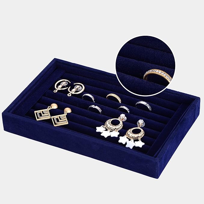Valyria Velvet 7 Slots Ring Earrings Trays Showcase Display Jewelry Organizer (Blue)
