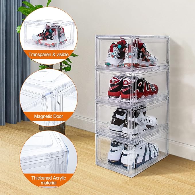 SAISTORY 6 Pack Shoe Boxes Clear Stackable, Large Shoe Storage Boxes, Space Saving Acrylic Shoe Boxes, Foldable Shoe Container Boxes that Fits Up to Size 14 Shoes (10 Pack Transparent)