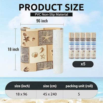 FIFTY FEET 18X96 Inch Shelf Liner for Kitchen Cabinets, PVC Drawer Liner for Dresser Non-Slip Bathroom, Non-Adhesive Cabinet Liner Washable (Beach)(5 Roll)