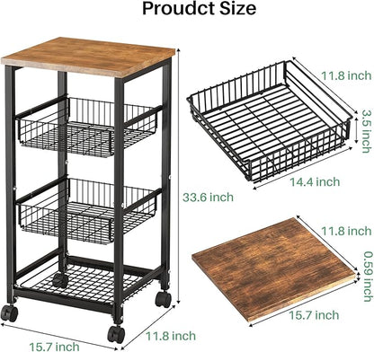 SNTD Fruit Basket Vegetable Stand for Kitchen Pantry, Pull Out Metal Wire Basket with Wood Top for Fruit Vegetable Onions Potatoes Snacks