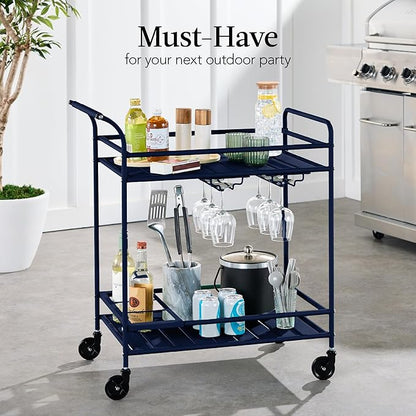 Best Choice Products Rolling Bar Cart, Mobile Home Bar Serving Cart, Serving Station w/ 2 Tier Shelves, Wine Rack, Lockable Wheels - Navy