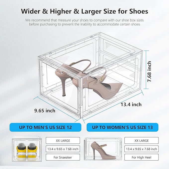 MCIJRJOI 12 Pack Hard Sturdy Thickened Rigid XX Large Shoe Storage Organizer for Closet, Clear Stackable Sneaker Shoe Boxes Rack Containers Display Case Bins with Lids, White
