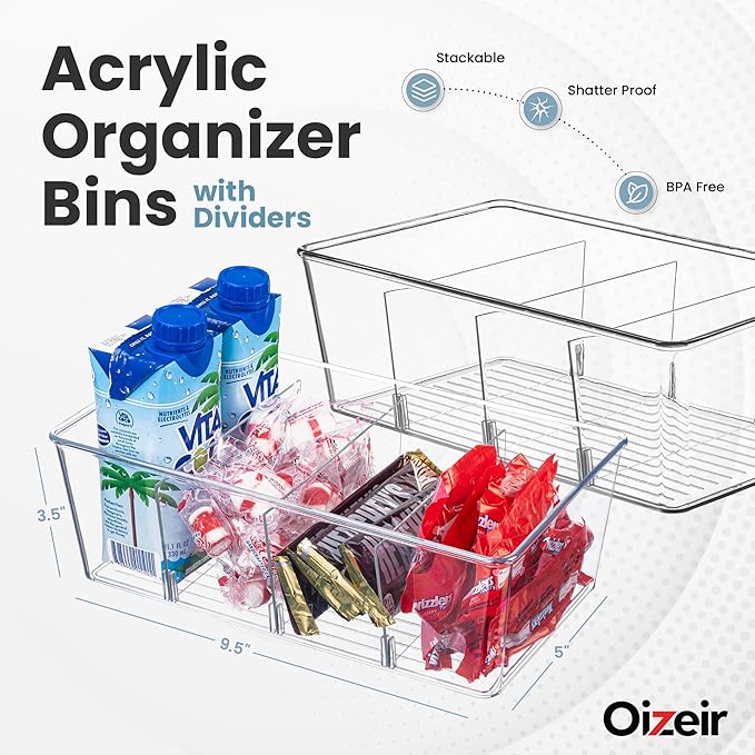 Oizeir Clear Pantry Organizer Bins (4PK) - Fridge Organizer with 3 Removable Dividers - Kitchen Pantry Organizers & Storage - Storage Cabinet Snack