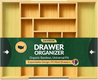 DAVIDOK Expandable Bamboo Drawer Organizer for Kitchen - 8 to 10 Slots Large Silverware Organizer for Utensils, Cutlery, Flatware & Kitchen Gadgets | Multiple Use, Non-Slip Feet Included