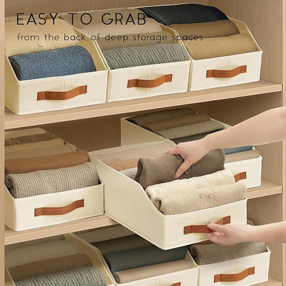 Fabric Storage Bins for Organizing - 10 Pack Large Trapezoid Collapsible Storage Bins with Front Handle, Closet Organizers and Storage for Bedroom, Home Shelves, Small Spaces, Beige