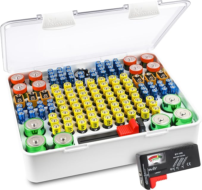 140 Slot Multi Battery Storage Box, Battery Storage Case, Battery Holder with Tester, Stores: 56 AA and 52 AAA Batteries, 8 C Batteries, 6 D Batteries, 6 9V Batteries, and 12 Button Batteries (White)