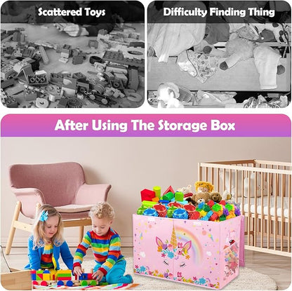 Large Toy Box, Collapsible Sturdy Kids Storage Organizer for Boys Girls, 25"x13"x16" Storage Box with Lids, Toy Chest Bins Basket for Living Room, Playroom, Nursery, Pink