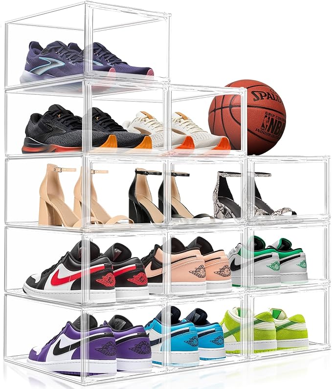 EZJOB 2 Pack Drop Front Shoe Boxes Acrylic Box Sneaker Case Size 12, Transparent Display Cases for Sneaker Collections, Baseball Caps, Hat Organizer Dust-free Shoe Cubbies Stackable Sneaker Boxes