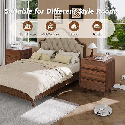 Nasonet Tall Nightstand with Charging Station, Mid Century Modern Nightstands with 3 Storage Drawers, Curved Wood Night Stands for Bedrooms, Walnut