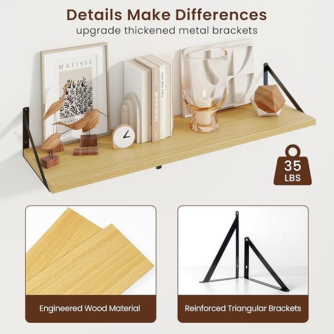 Axeman Deep Floating Shelves | 36 Inch Oak Wall Shelves Set of 2 | 10 Inch Deep Wood Floating Shelves for Wall | 36" W x 10" D Oak Shelves for Living Room Bathroom Kitchen