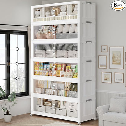 960QT Extra Large Stackable Storage Bins with Lid, 240Gal Plastic Closet Organizers and Storage Drawer, Collapsible Cabinet Box with Wheels Clear Doors for Home Kitchen Office, 6Pack White