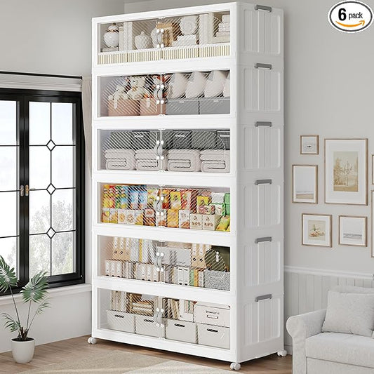 960QT Extra Large Stackable Storage Bins with Lid, 240Gal Plastic Closet Organizers and Storage Drawer, Collapsible Cabinet Box with Wheels Clear Doors for Home Kitchen Office, 6Pack White