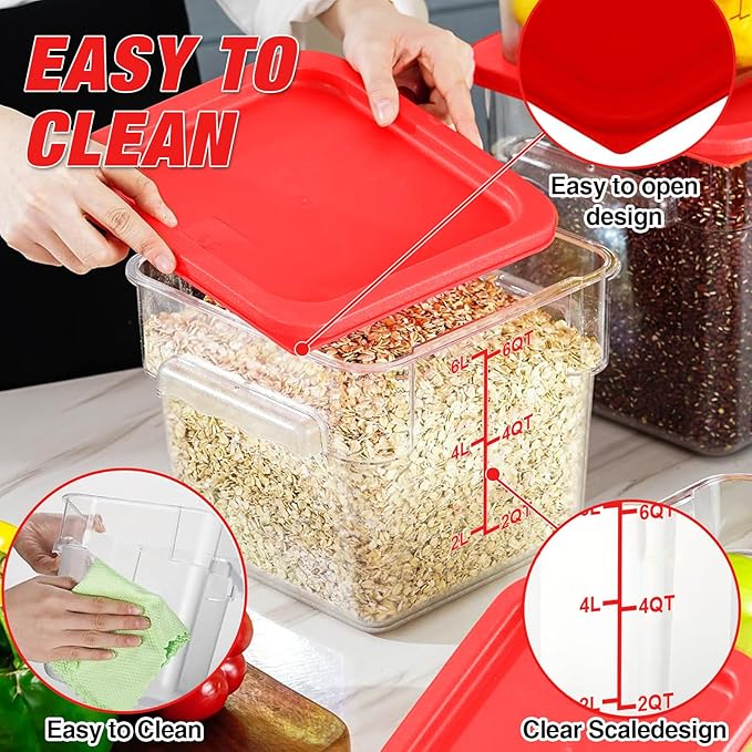 WELKOR Airtight Square Food Storage Containers with Lids 4-Pack, Lock-Tight Seal for Flour, Sugar, Cereal, Keep Food Fresh, BPA-Free Stackable Kitchen Canisters with Measurements (Red, 6QT-4PACK)