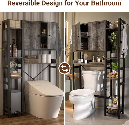 Over The Toilet Storage Cabinet with Doors - 7 Tier Bathroom Organizer with Adjustable Shelf, Freestanding Space Saver Rack Above Toilet Stand with 4 Hooks for Bathroom, Restroom, Laundry, Grey Oak