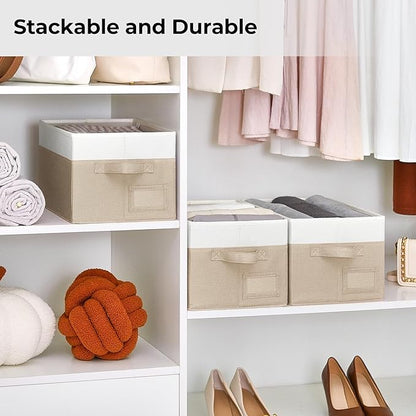GRANNY SAYS Shelf Storage Baskets, Fabric Storage Bins for Clothes, Closet Storage Boxes with Handles, Collapsible Storage Containers for Bedroom and Living Room, Khaki and Ivory, Large, 3-Pack